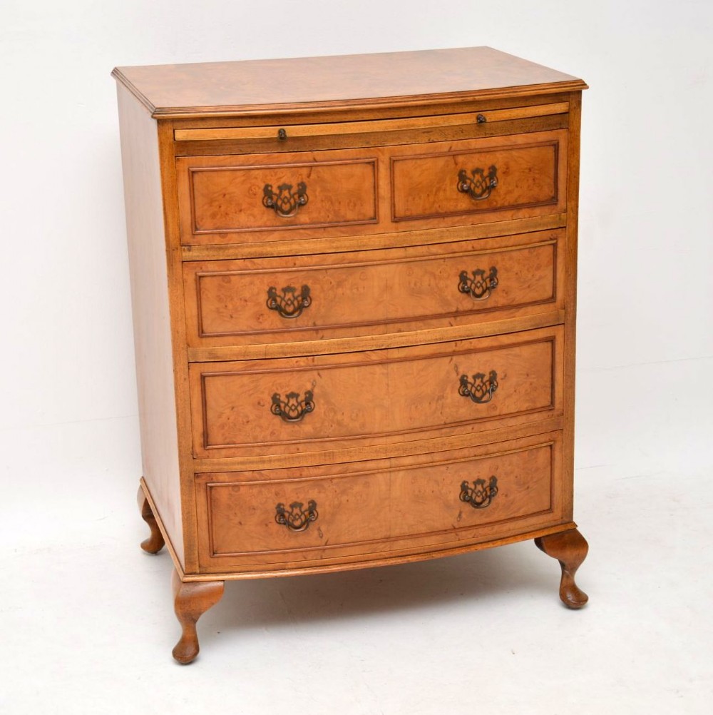 Antique Burr Walnut Bow Front Chest of Drawers