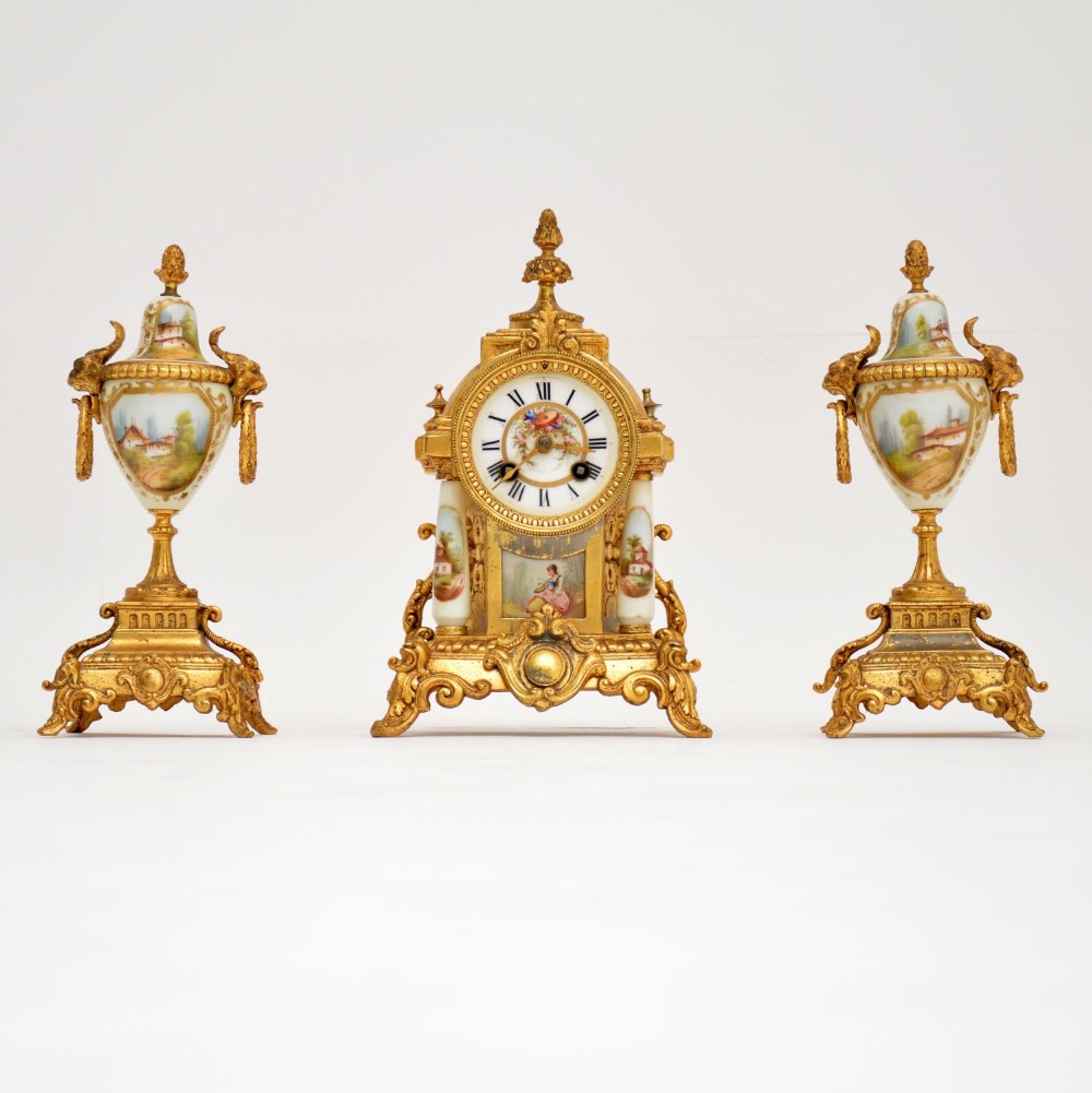 Antique French Porcelain & Gilt Mantel Clock Set
