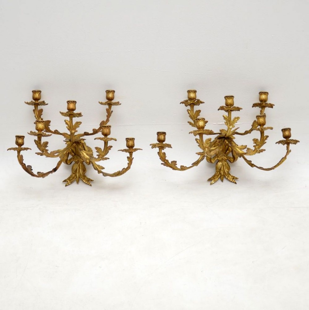 Pair of Antique Gilt Bronze Wall Sconce Candelabra