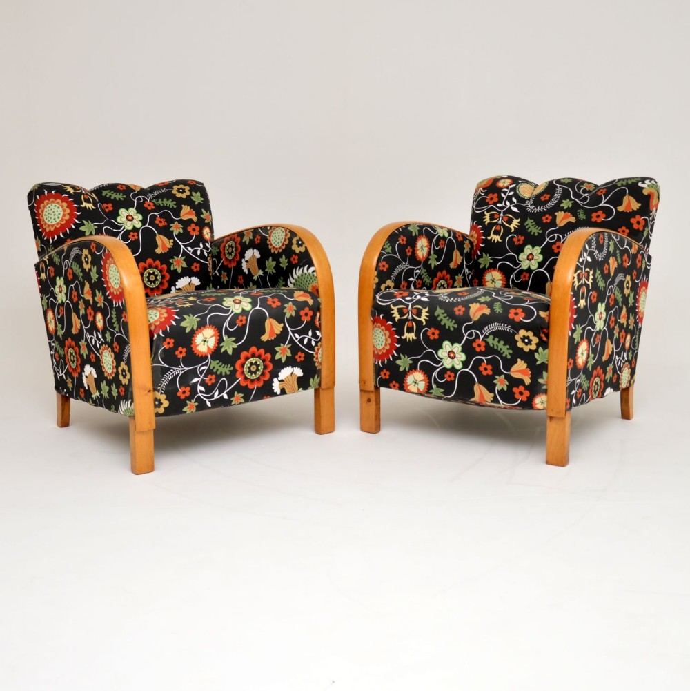 Pair of Swedish Art Deco Satin Birch Armchairs – Fabric by Josef Frank