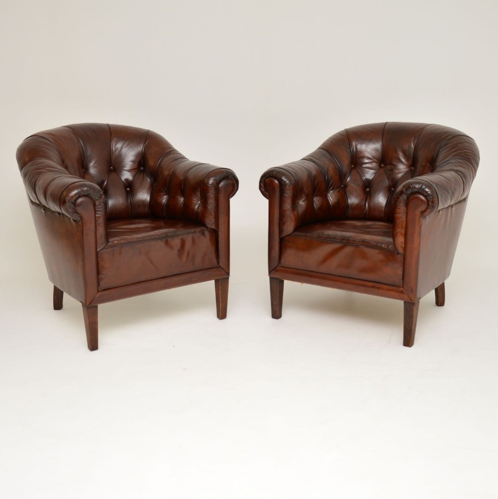 Pair of Antique Swedish Leather Deep Buttoned Armchairs