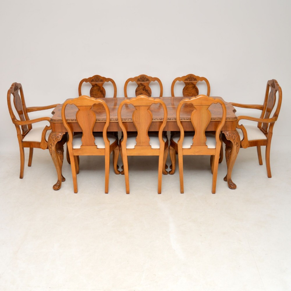 Antique Queen Anne Burr Walnut Dining Table & 8 Chairs