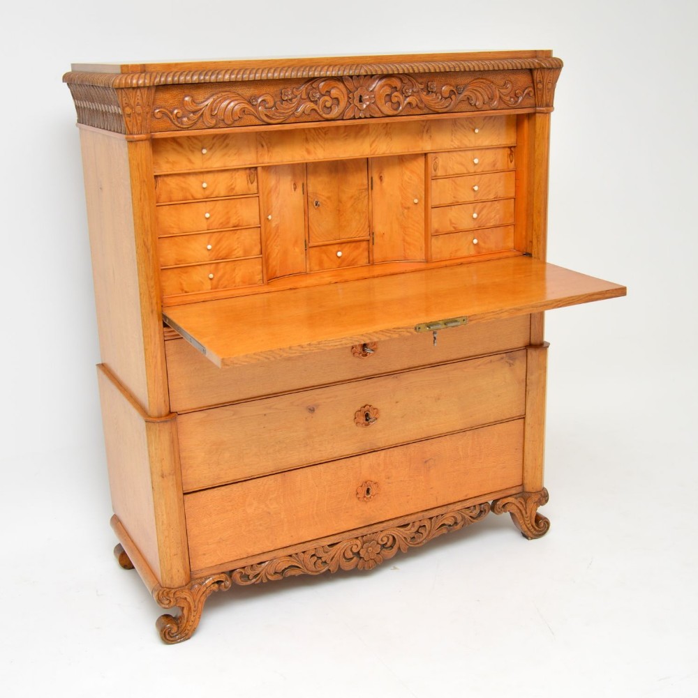 Antique Swedish Carved Oak Secretaire Chest