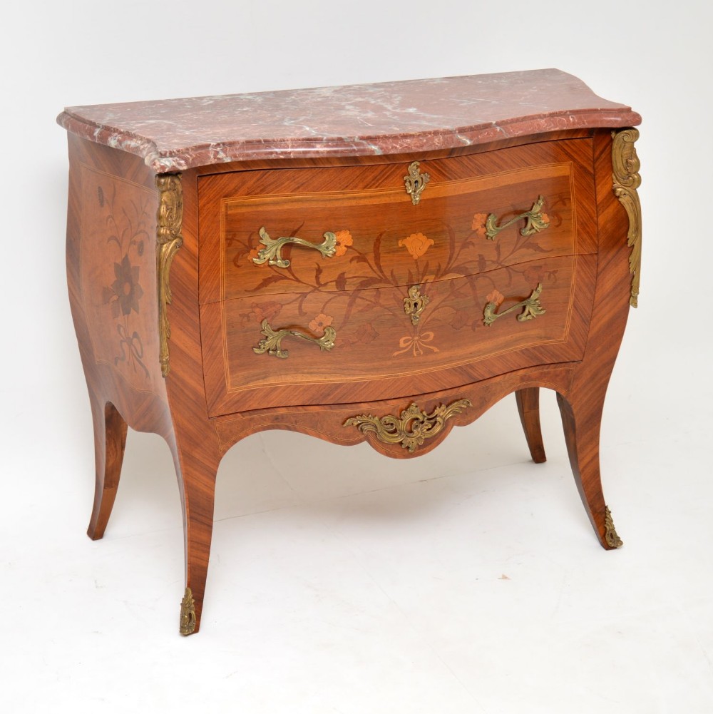 
Antique French Inlaid Marquetry Marble Top Bombe Chest