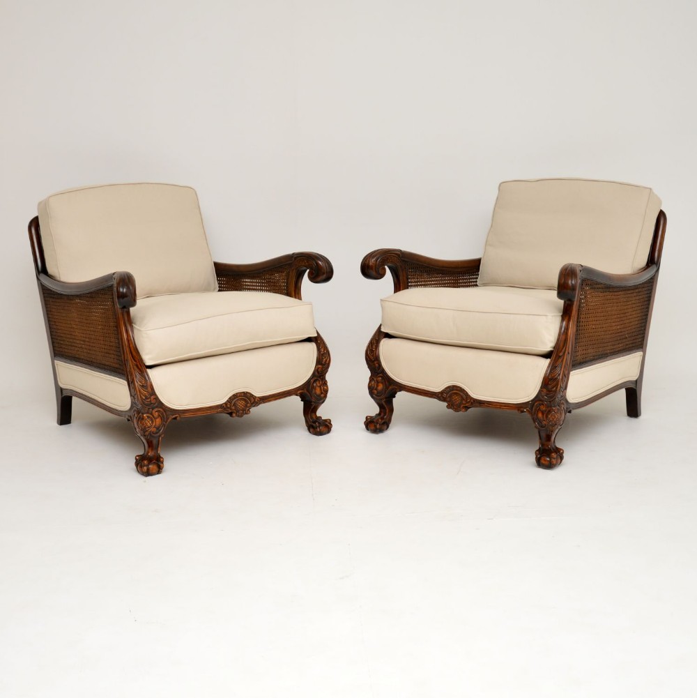 Pair of Antique Swedish Satin Birch Bergere Armchairs