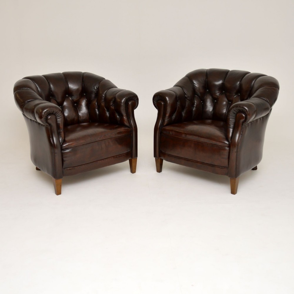 Pair of Antique Swedish Leather Club Armchairs
