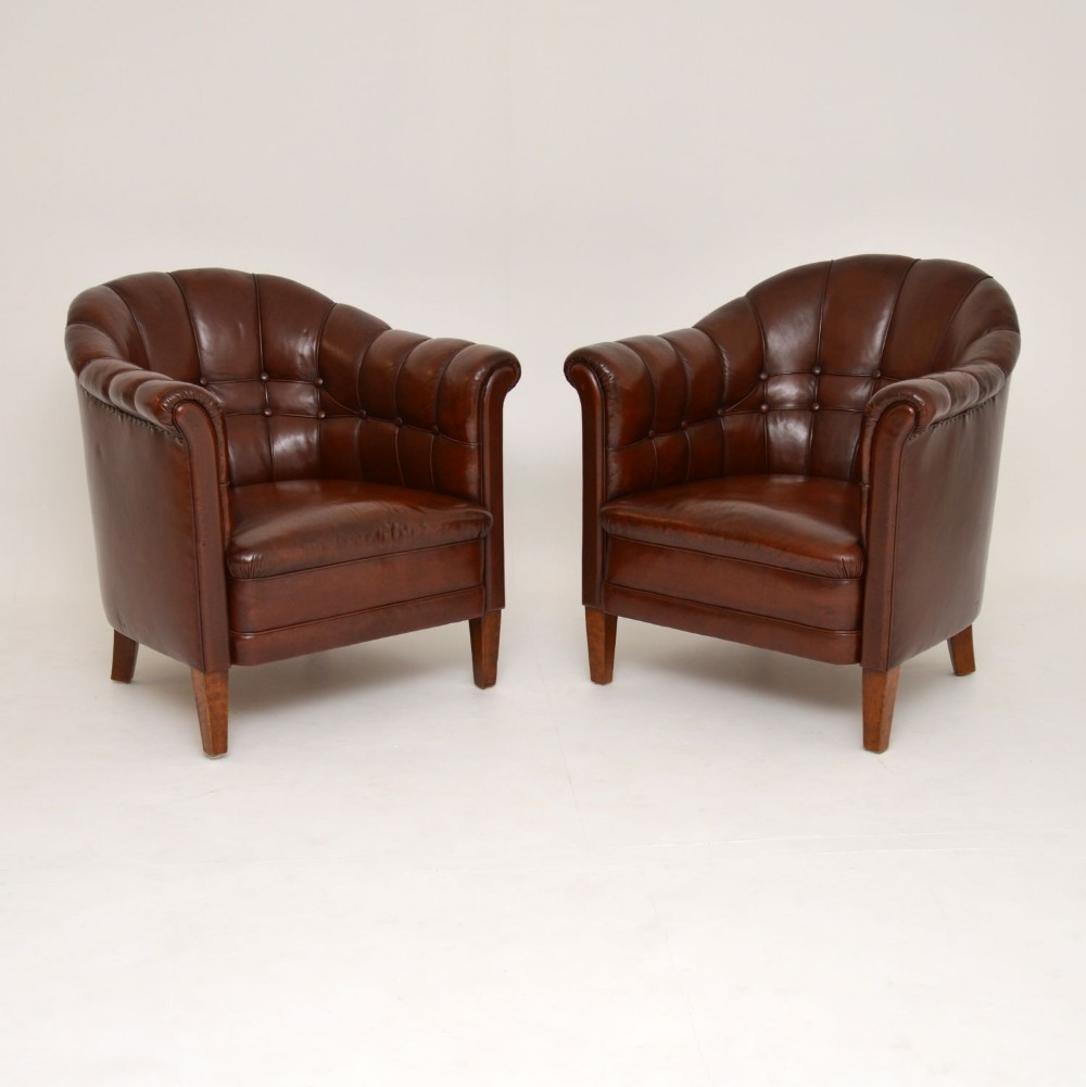 Pair of Antique Swedish Leather Armchairs
