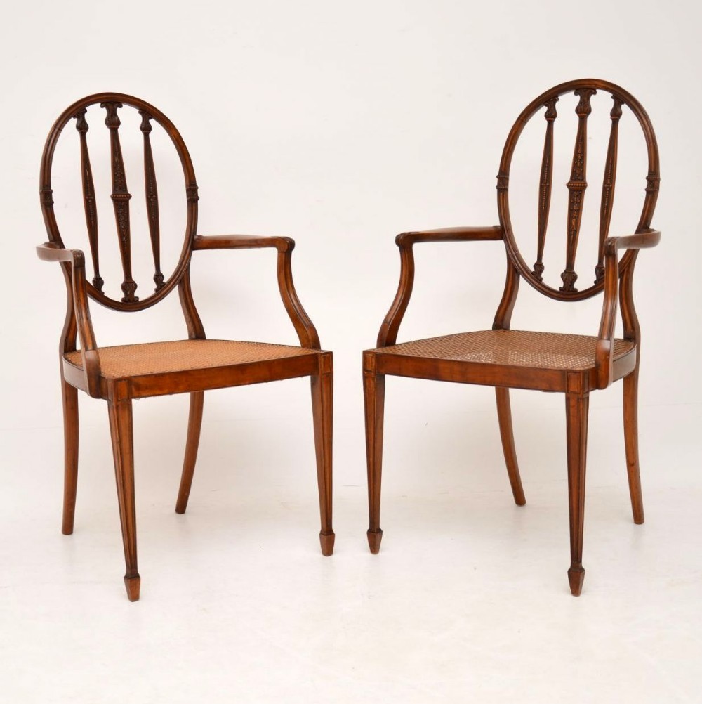Pair of Antique Satinwood Cane Seated Armchairs