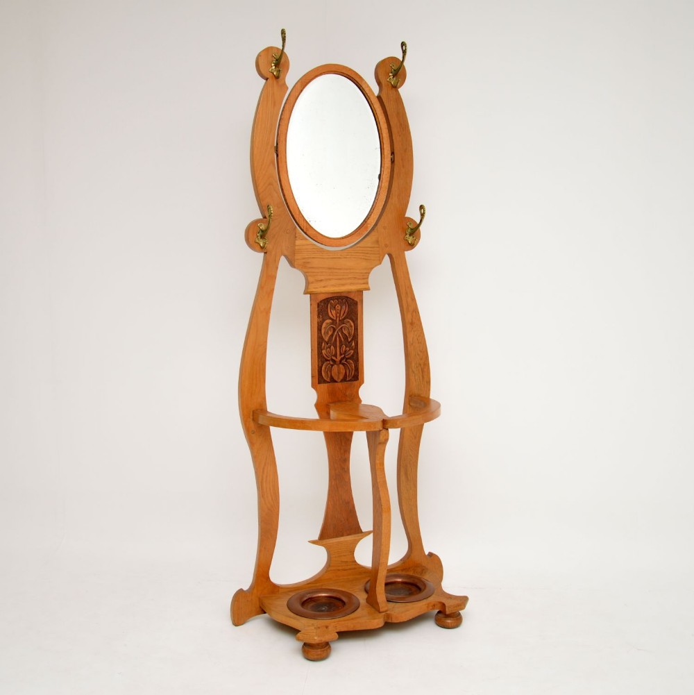 Antique Art Nouveau Light Oak Hall Stand