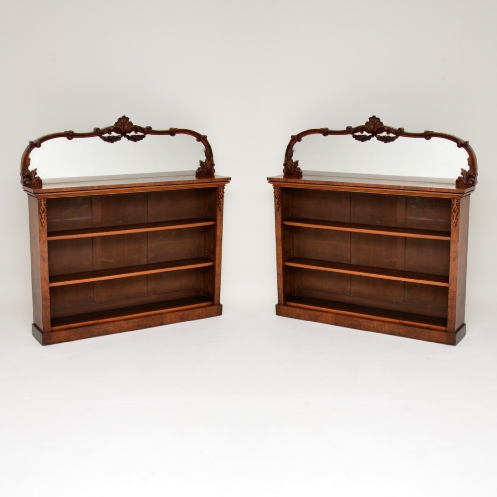 Pair of Antique Victorian Burr Walnut Mirrored Bookcases