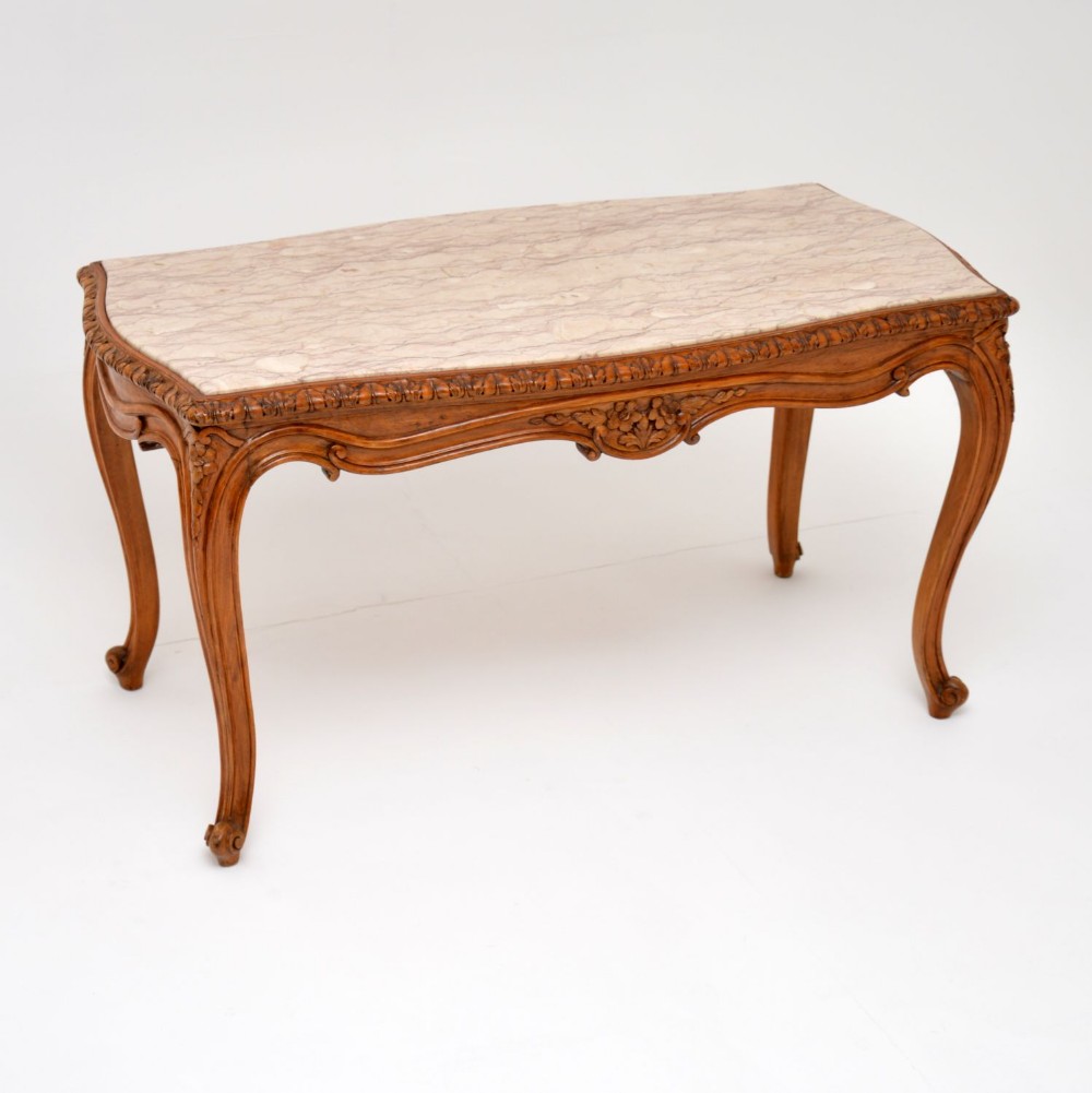 Antique French Carved Walnut & Marble Coffee Table
