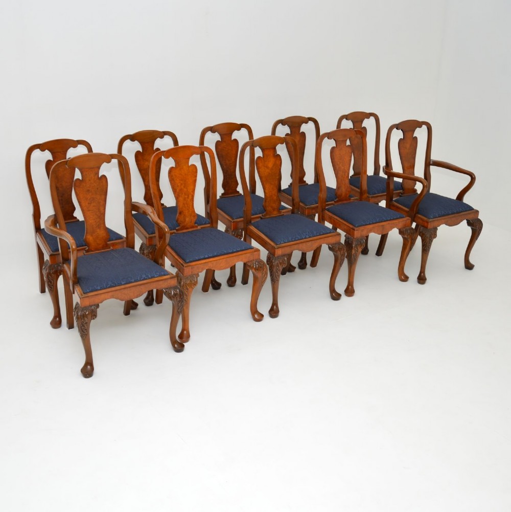 Set of 10 Antique Queen Anne Style Burr Walnut Dining Chairs
