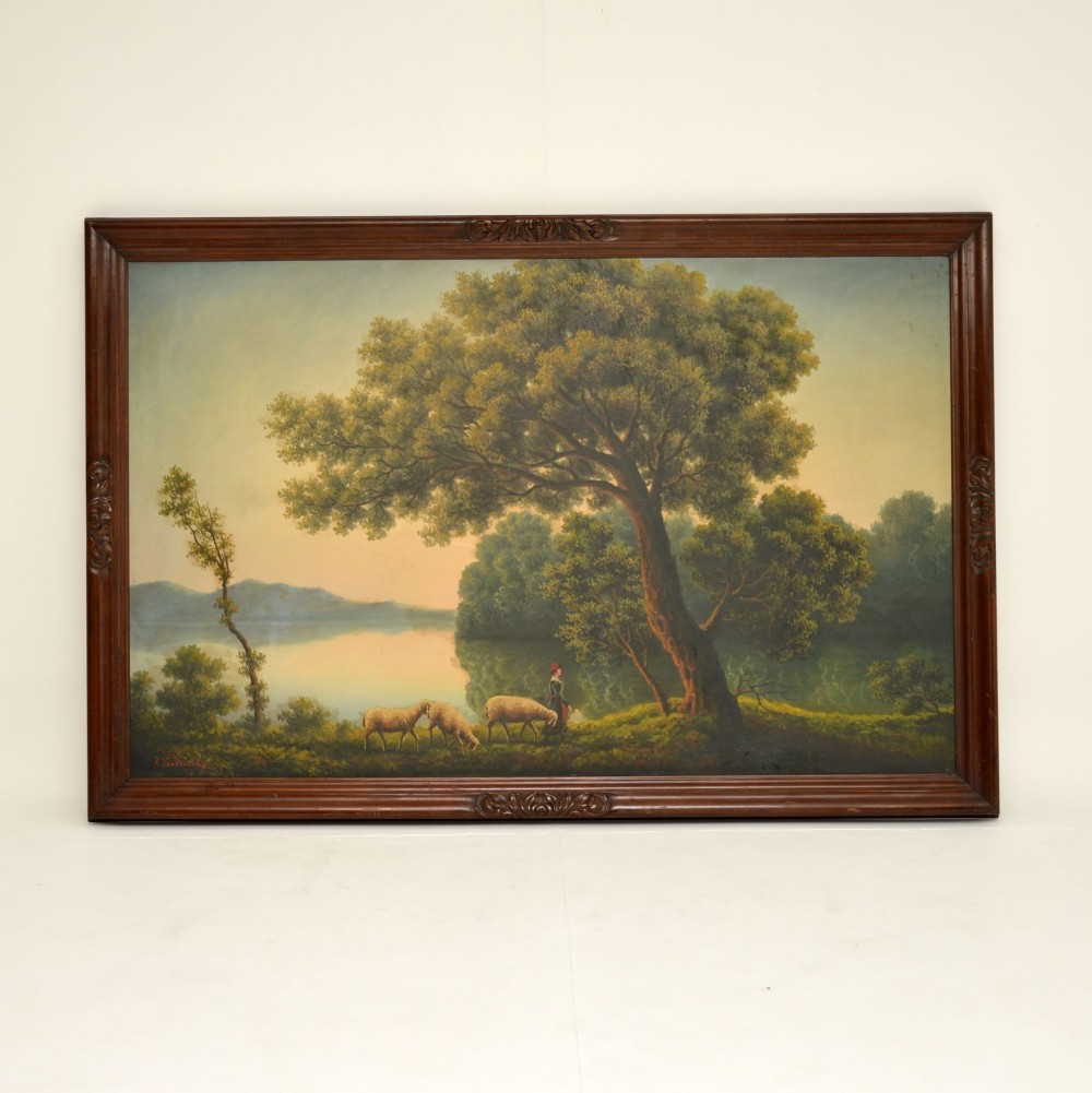 Large Antique Oil Painting in Mahogany Frame
