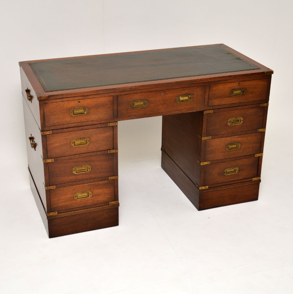 Antique Mahogany Military Campaign Style Leather Top Desk