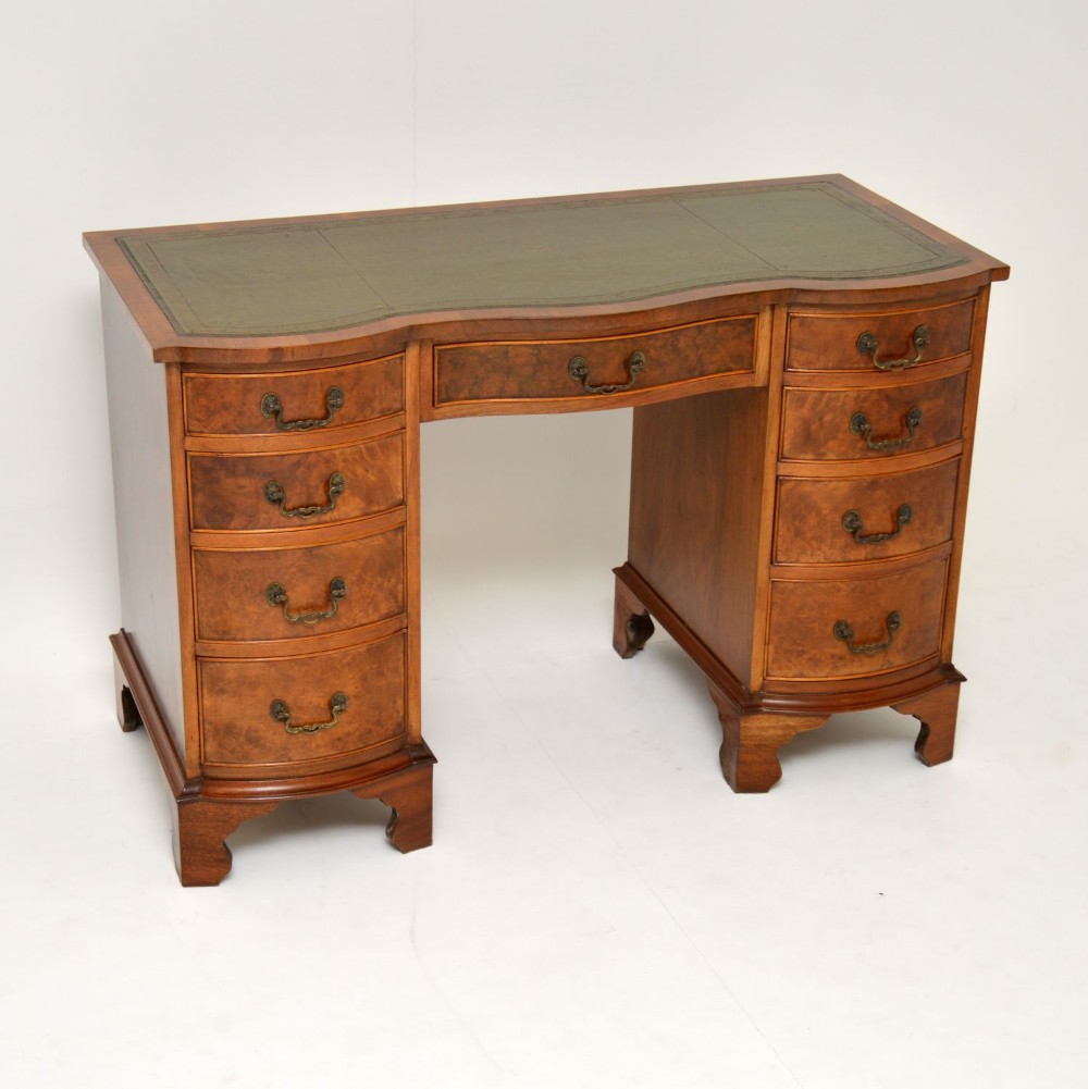 Antique Burr Walnut Leather Top Pedestal Desk