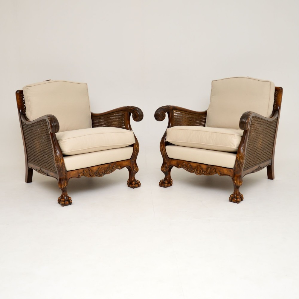 Pair of Antique Swedish Satin Birch Bergere Armchairs
