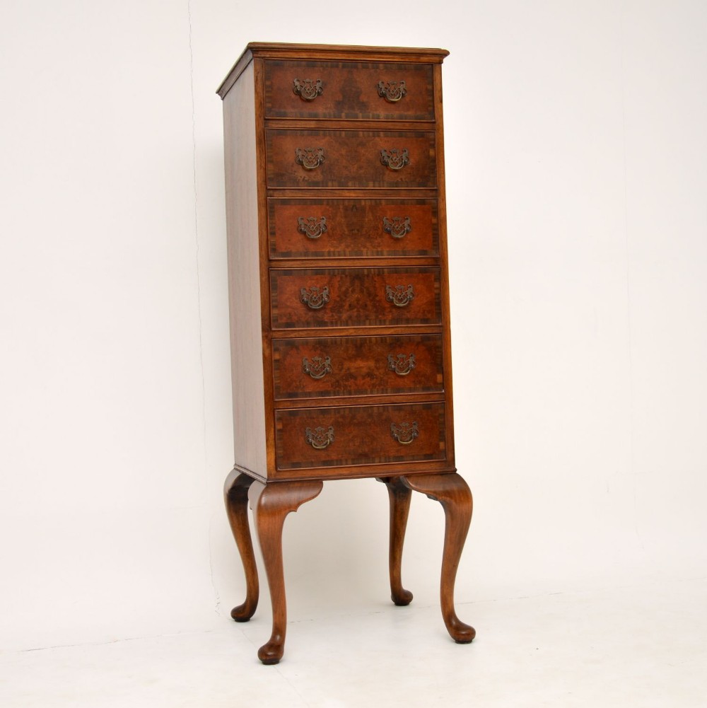 Antique Burr Walnut Tall Boy Chest of Drawers
