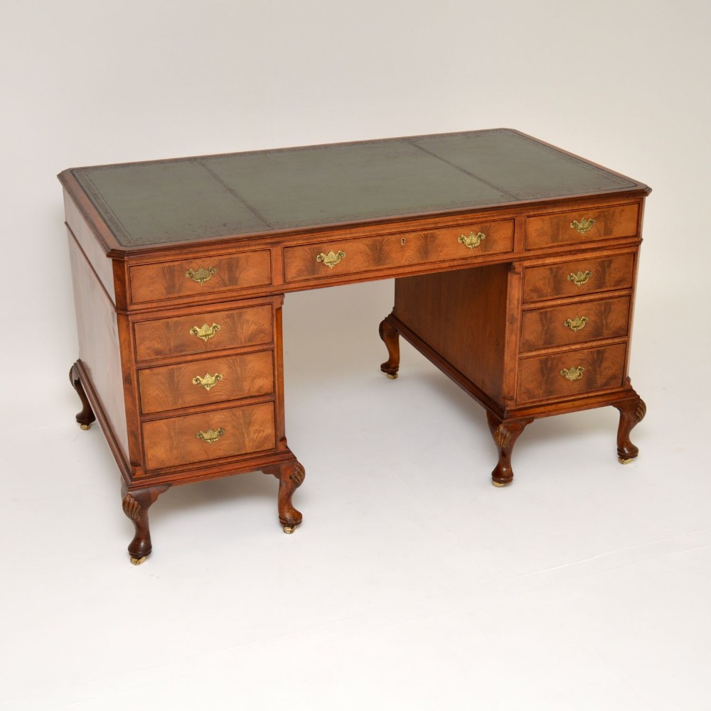 Large Antique Walnut Leather Top Pedestal Desk