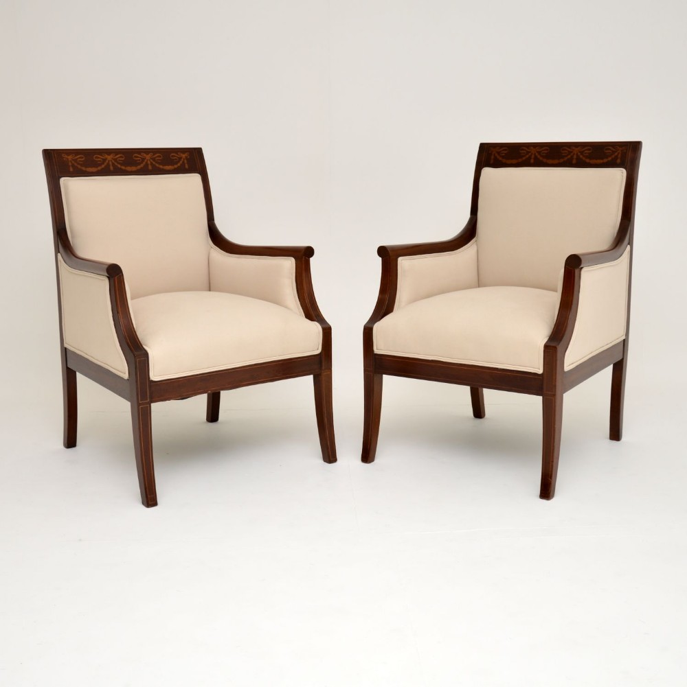 Pair of Antique Swedish Inlaid Mahogany Armchairs