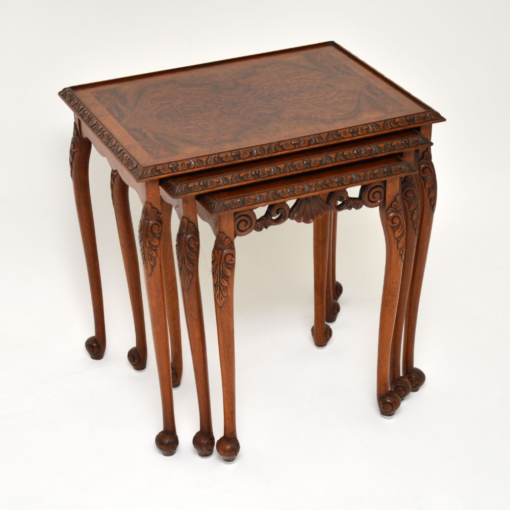 Antique Queen Anne Style Burr Walnut Nest of 3 Tables