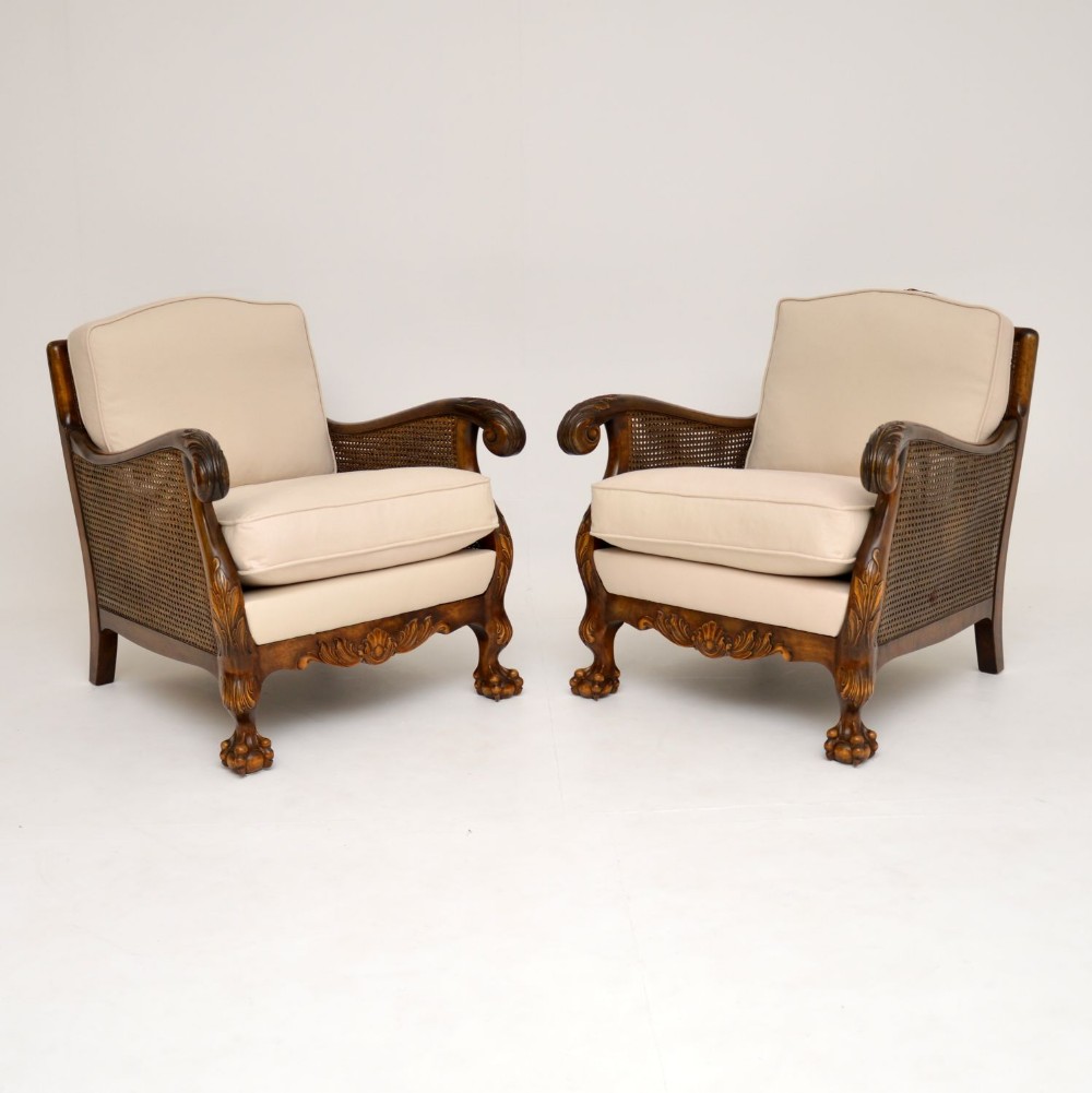Pair of Antique Swedish Satin Birch Bergere Armchairs
