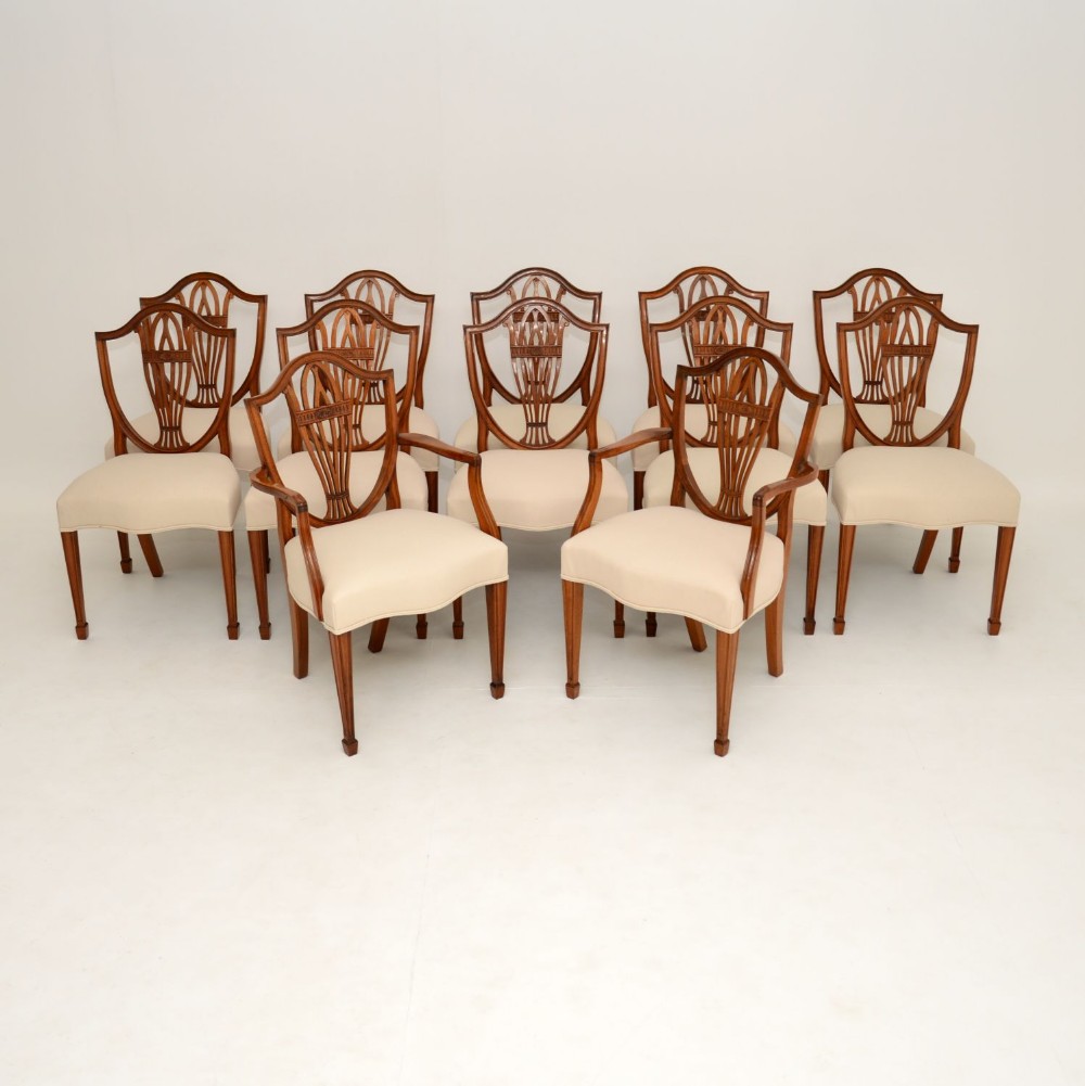 Set of 12 Antique Sheraton Style Shield Back Dining Chairs
