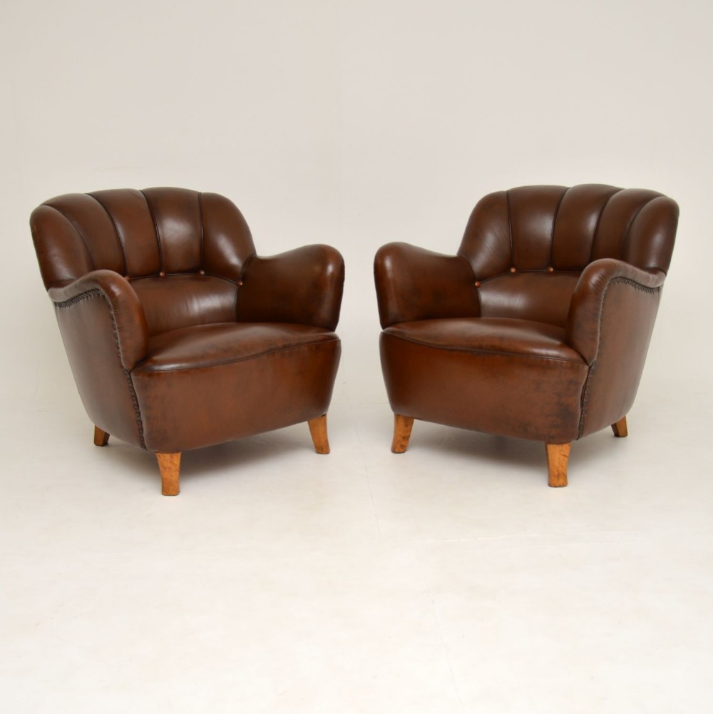 Pair of Antique Swedish Leather Armchairs