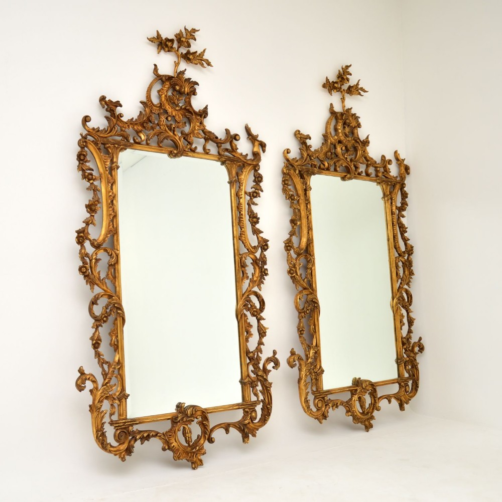 Pair of Large Antique Chippendale Style Gilt Wood Mirrors
