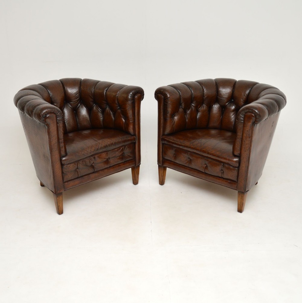 Pair of Antique Swedish Leather Chesterfield Armchairs