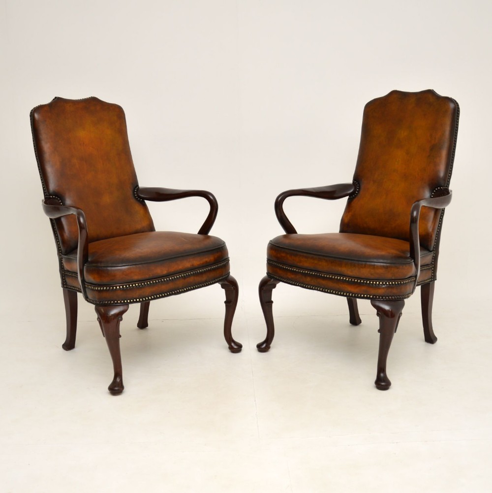 Pair of Antique Georgian Style Leather & Mahogany Armchairs
