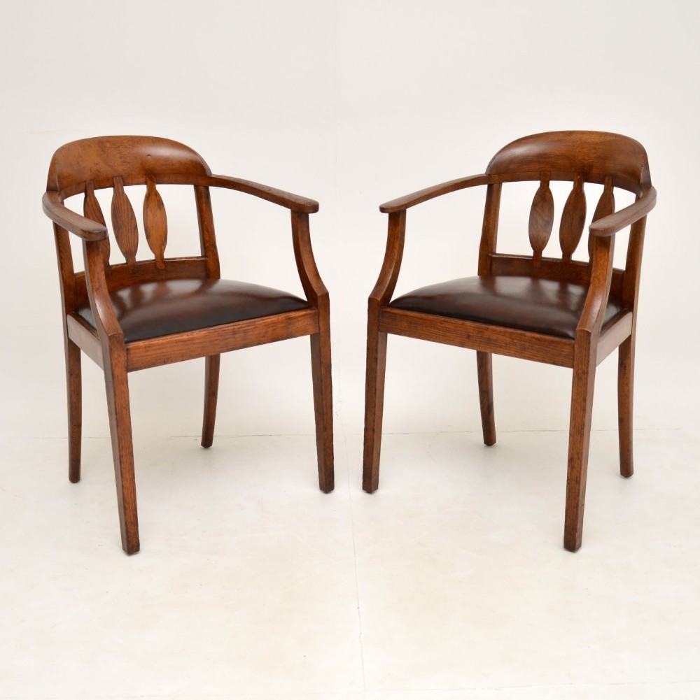 Pair of Antique Arts & Crafts Solid Oak Armchairs
