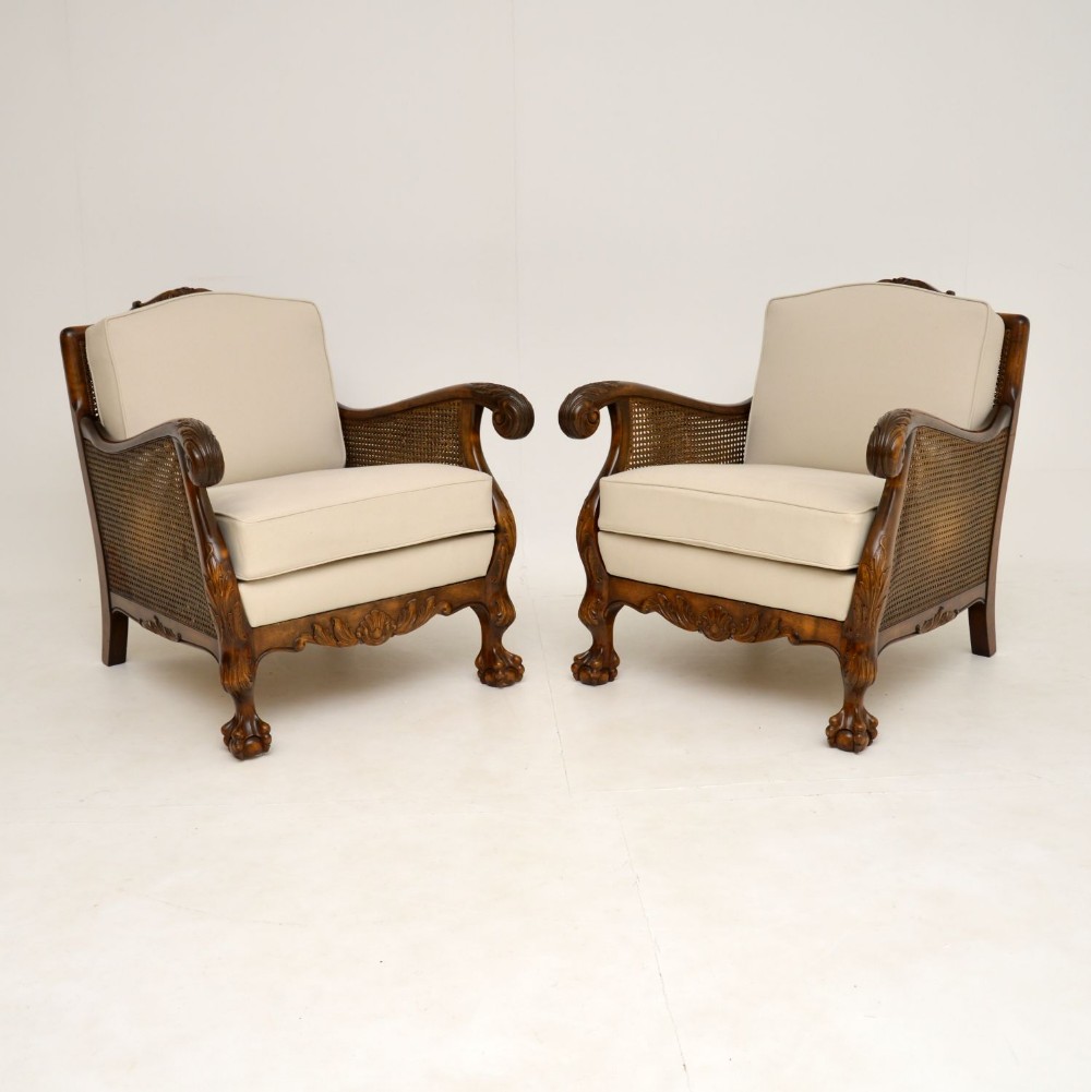 Pair of Antique Swedish Satin Birch Bergere Armchairs
