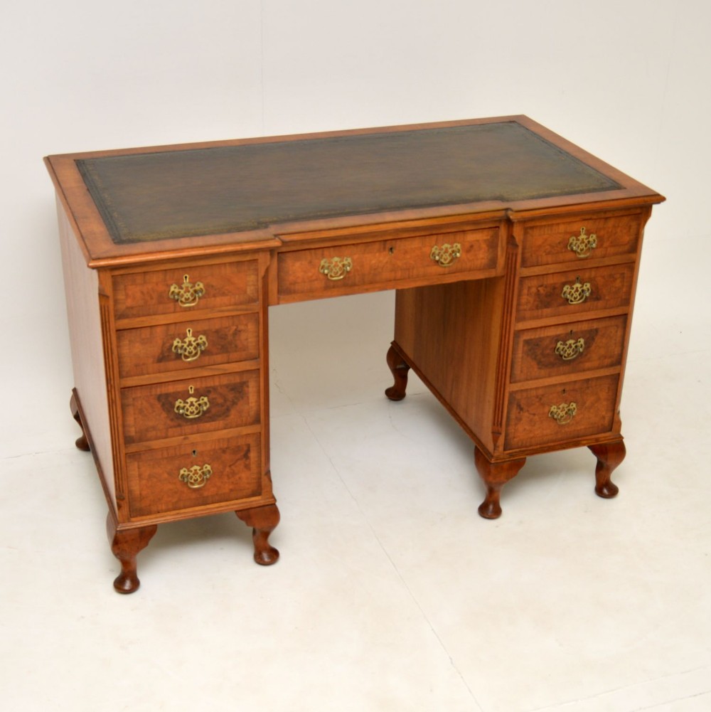 Antique Burr Walnut Leather Top Pedestal Desk
