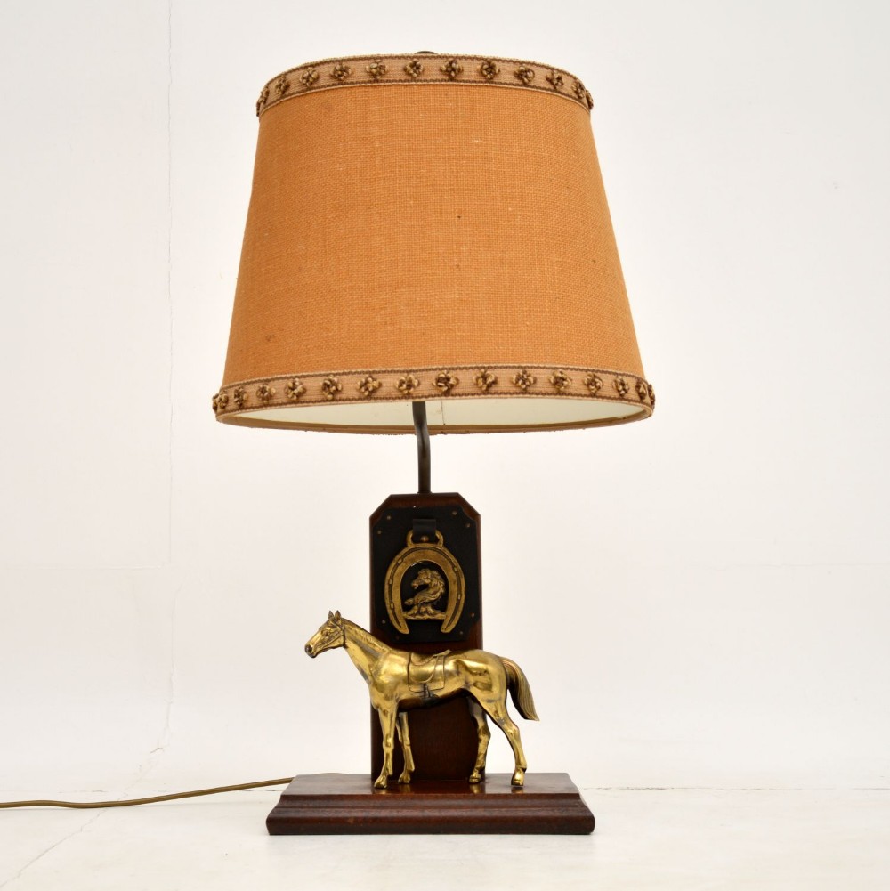 Antique Brass & Oak Horse Lamp
