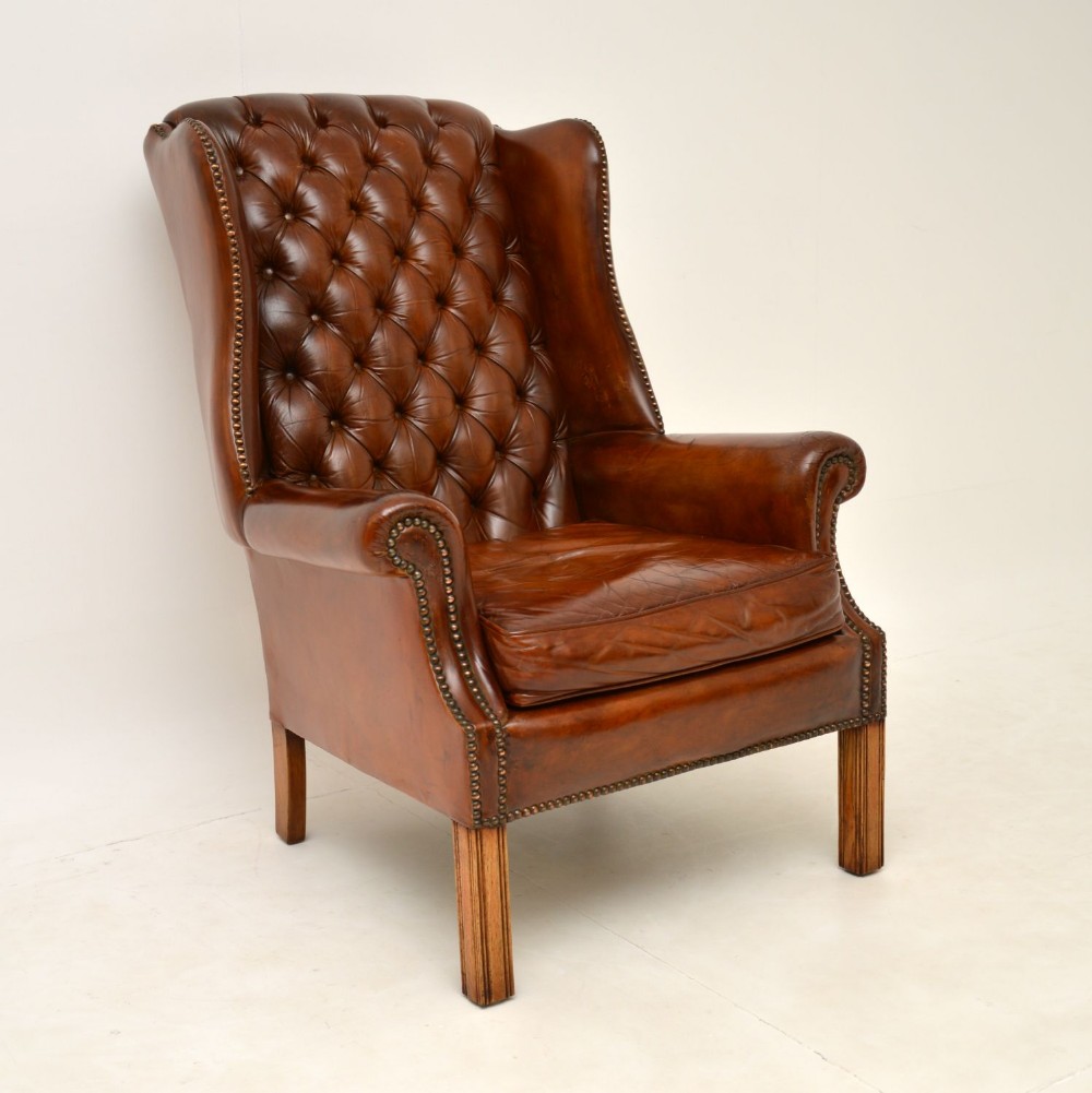 Antique Deep Buttoned Leather Wing Back Armchair