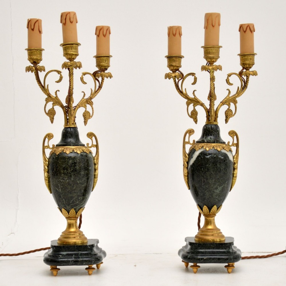 Pair of Antique French Gilt Metal & Marble Lamps
