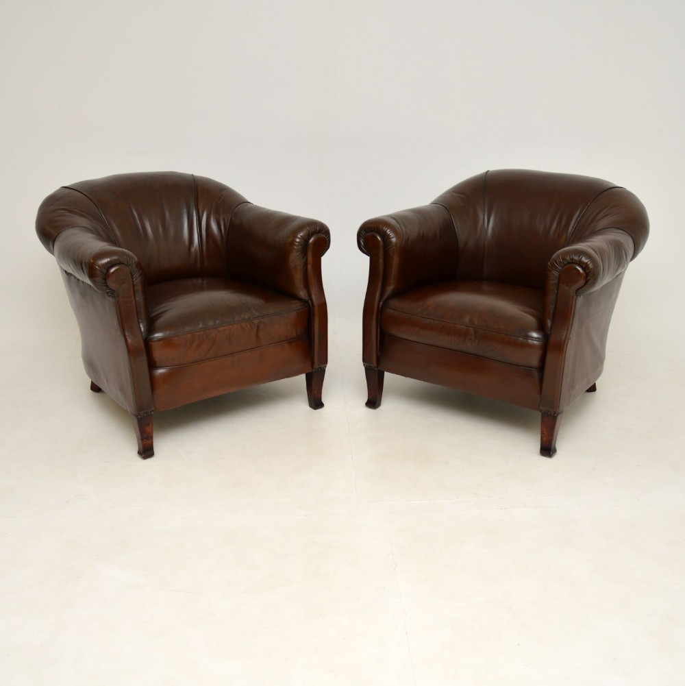 Pair of Antique Swedish Leather Club Armchairs
