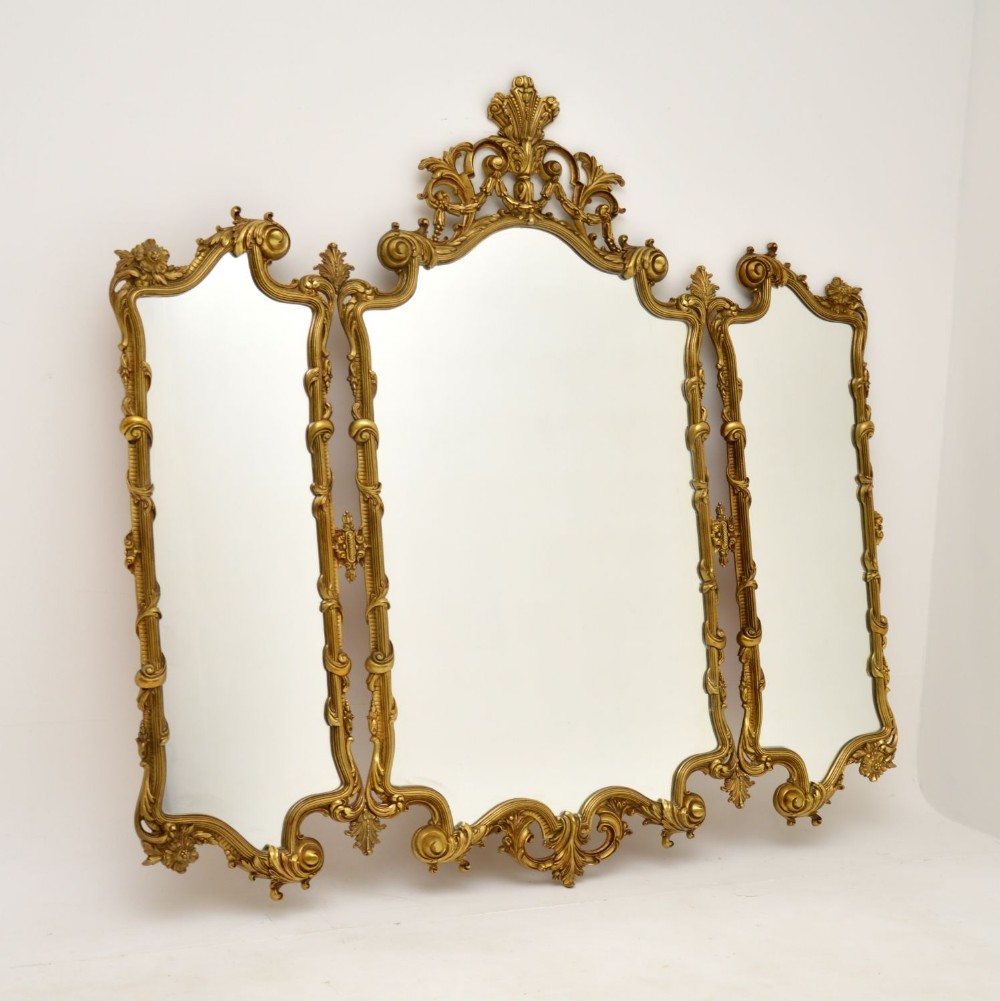Large Antique French Rococo Style Brass Mirror