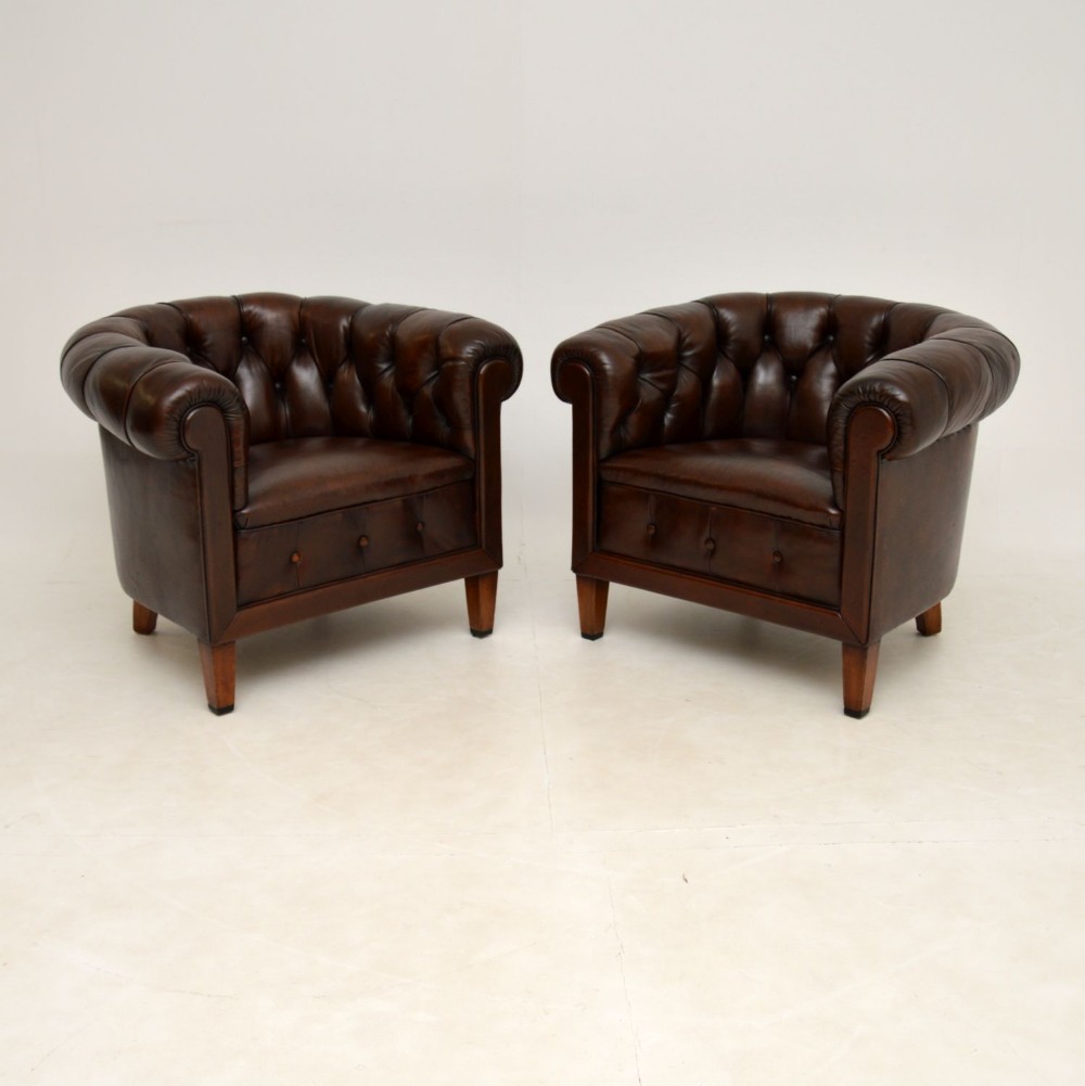 Pair of Antique Swedish Leather Chesterfield Armchairs