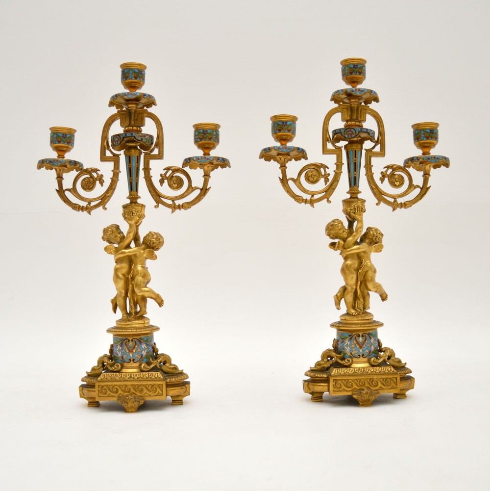 Pair of Antique French Victorian Gilt Bronze Champlevé Candelabra