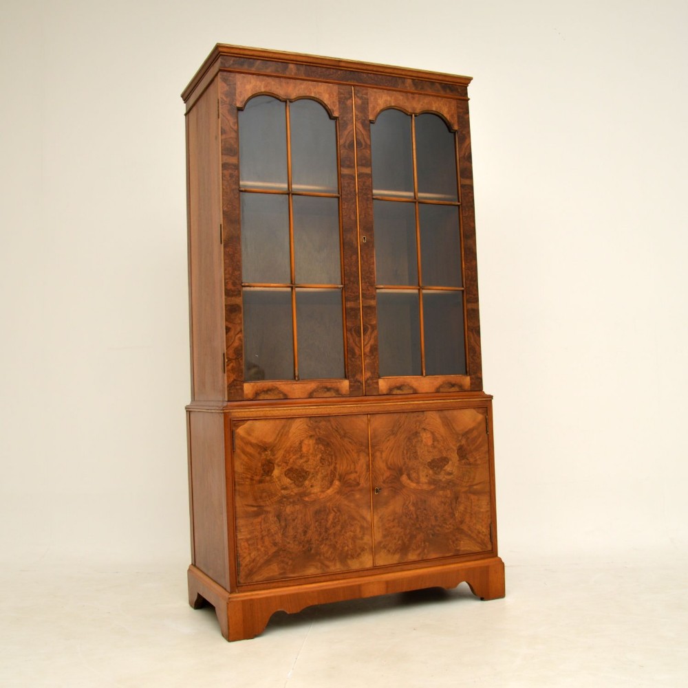Antique Burr Walnut Bookcase on Cupboard