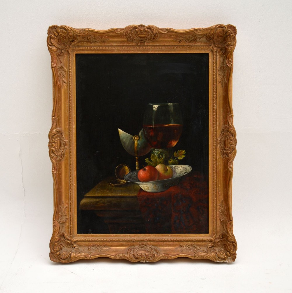 Antique Still Life Oil on Board Painting by F.V Knapp