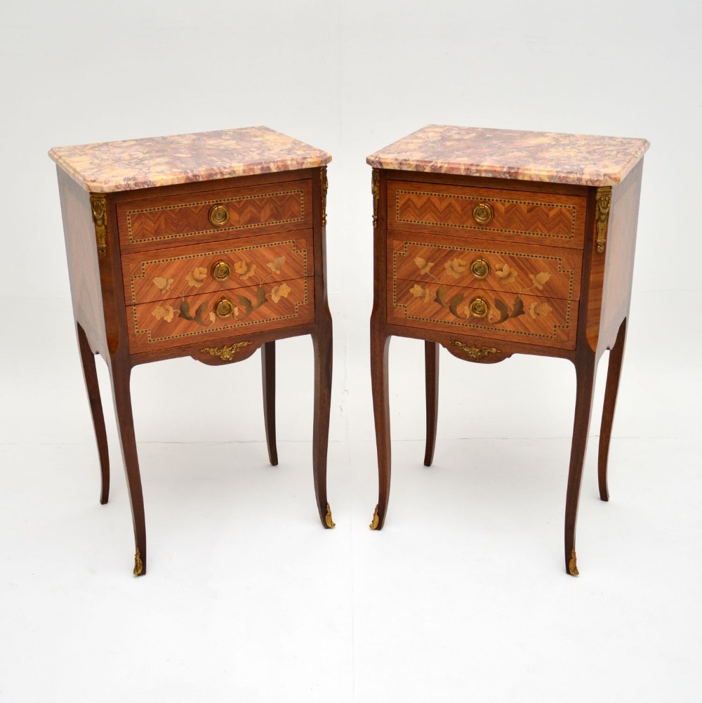 Pair of Antique French Inlaid Marble Top Bedside Chests
