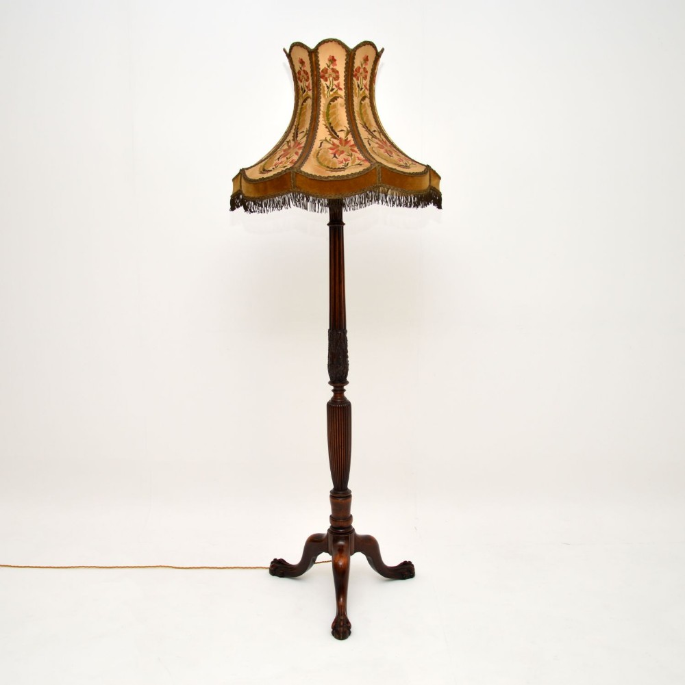 Antique Carved Mahogany Floor Lamp with Needlepoint Shade
