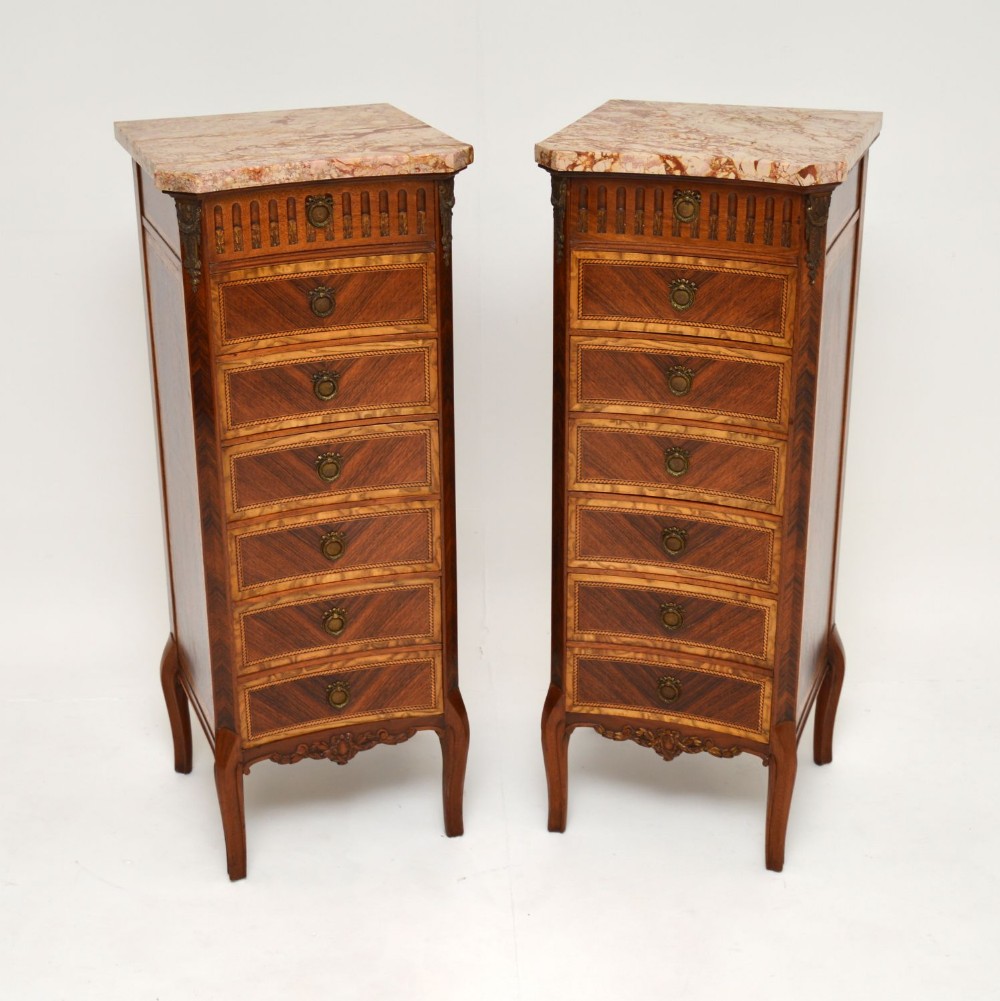 Pair of Antique French Marble Top Slim Chests of Drawers
