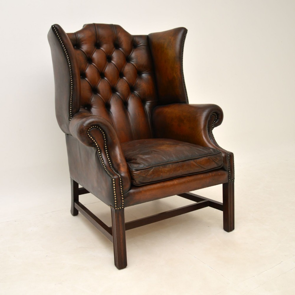 Antique Leather & Mahogany Wing Back Armchair
