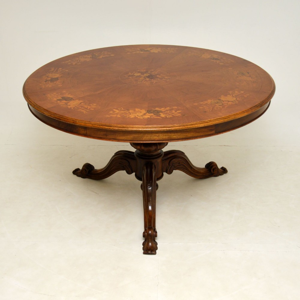 Antique Italian Marquetry Top Walnut Dining Table

