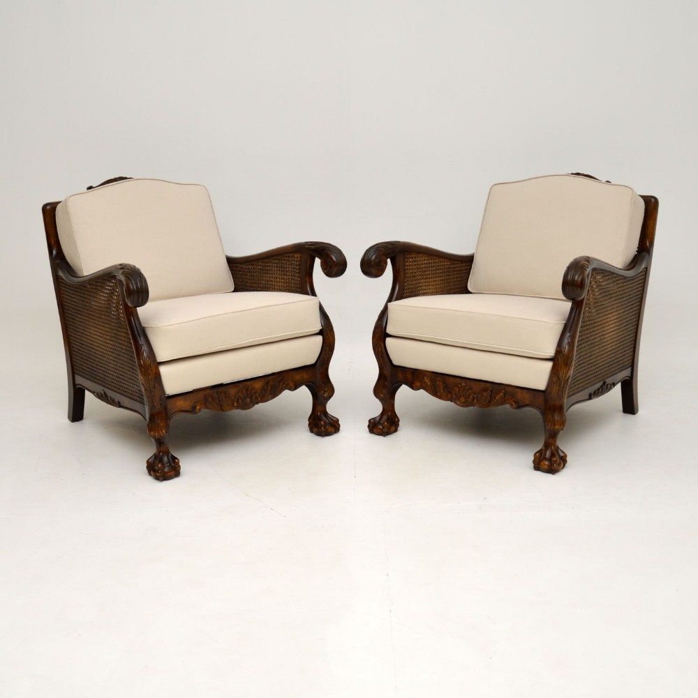 Pair of Antique Swedish Satin Birch Bergere Armchairs