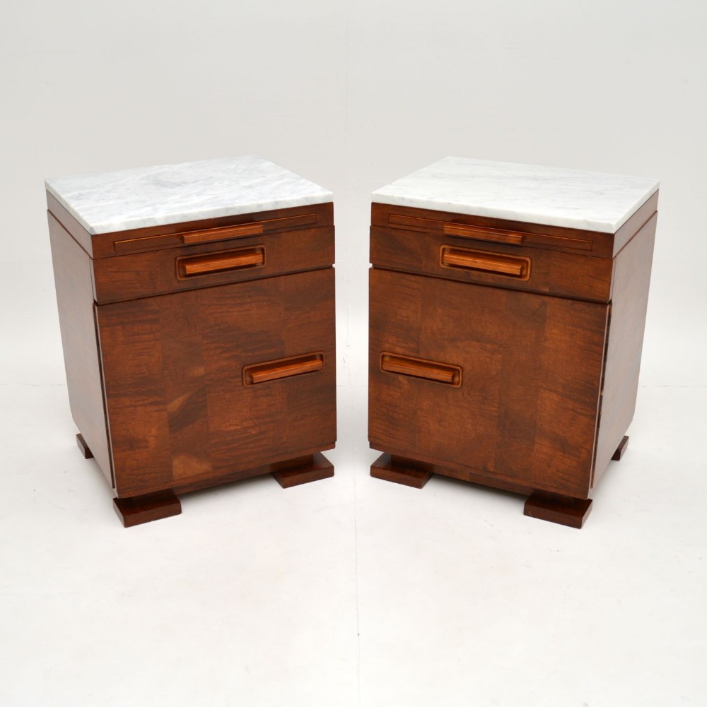 Pair of Art Deco Satin Birch Marble Top Bedside Cabinets
