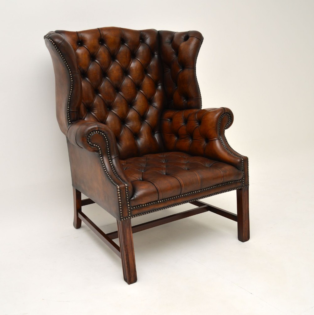 Antique Deep Buttoned Leather Wing Back Armchair